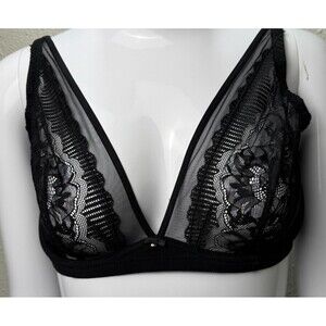 Charade by Change Lingerie Black Lace Bra 32H Rhinestone Sheer‎ Plunge Underwire